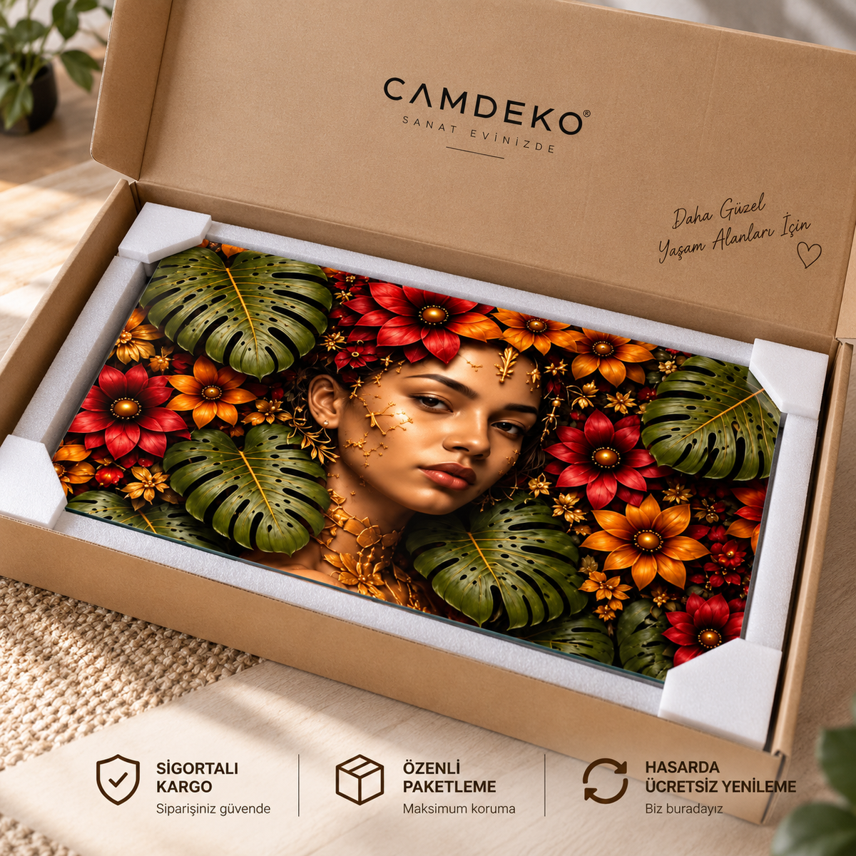 Tropikal çiçekler kadın portresi yatay cam tablo CAMDEKO koruyucu paketleme sigortalı kargo ve hasarda ücretsiz yenileme