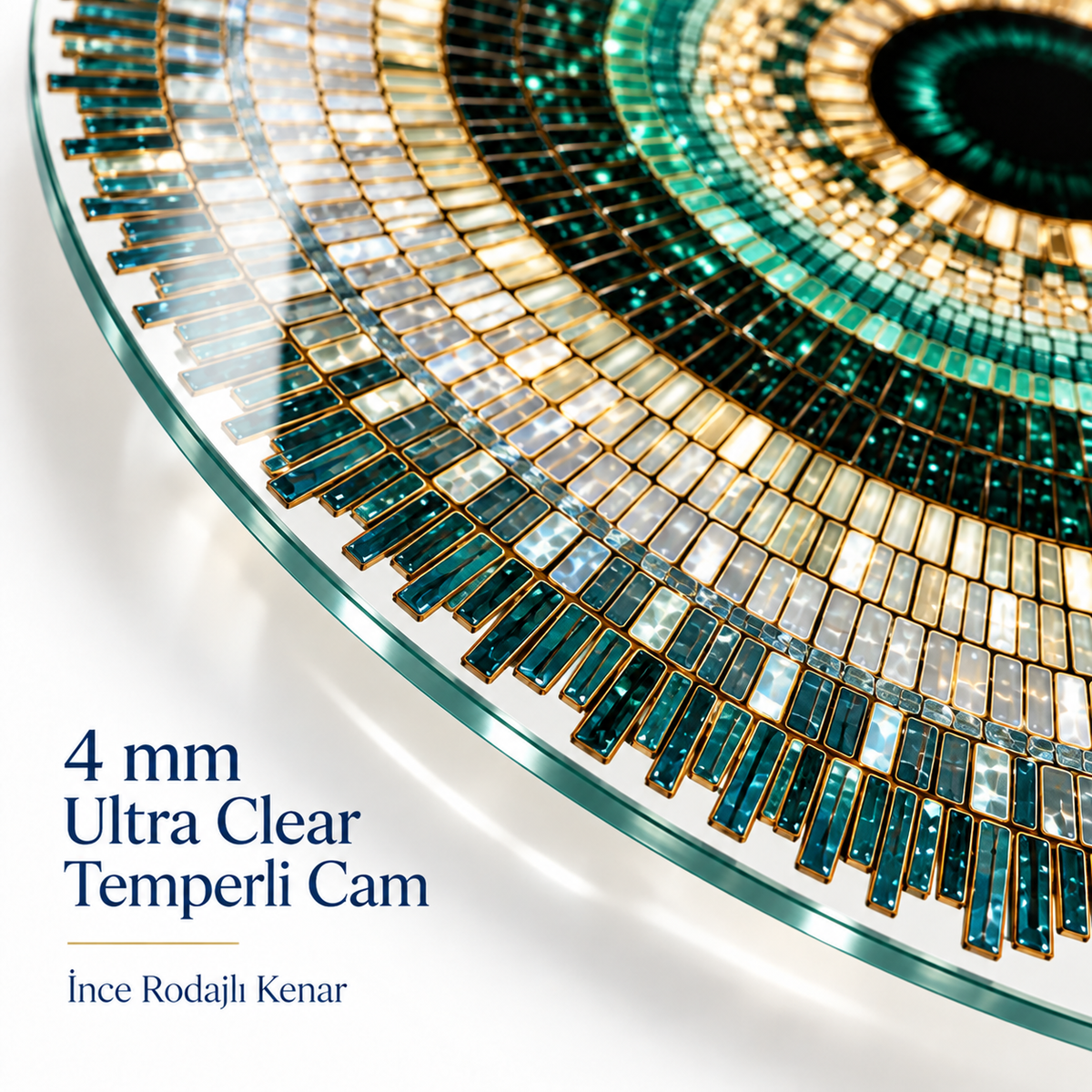 Zümrüt mozaik göz yuvarlak cam tablo 4 mm Ultra Clear temperli cam ince rodajlı kenar detayı