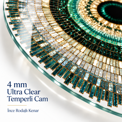 Zümrüt mozaik göz yuvarlak cam tablo 4 mm Ultra Clear temperli cam ince rodajlı kenar detayı
