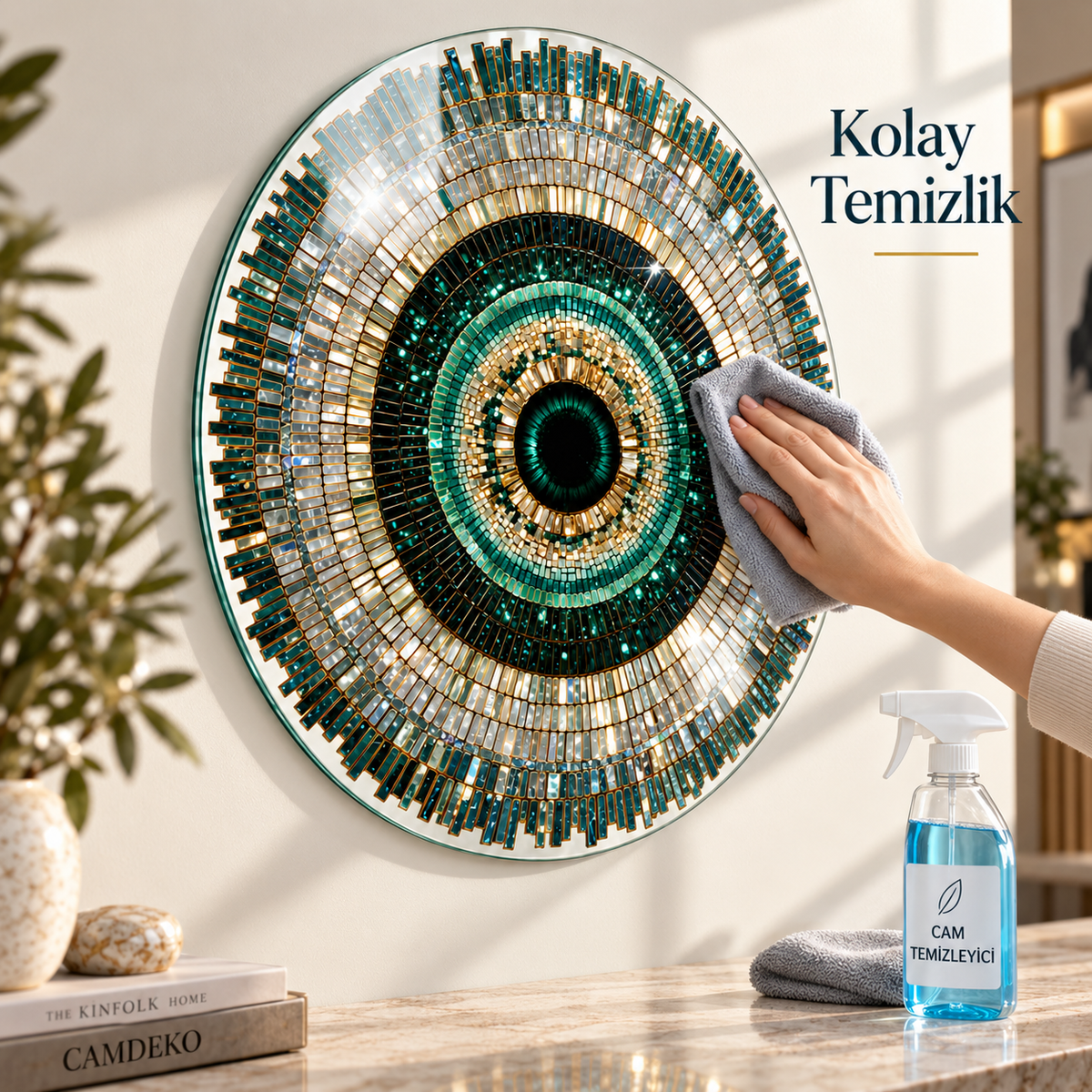 Zümrüt mozaik göz yuvarlak cam tablo mikrofiber bez ve cam temizleyici ile kolay temizlik görseli