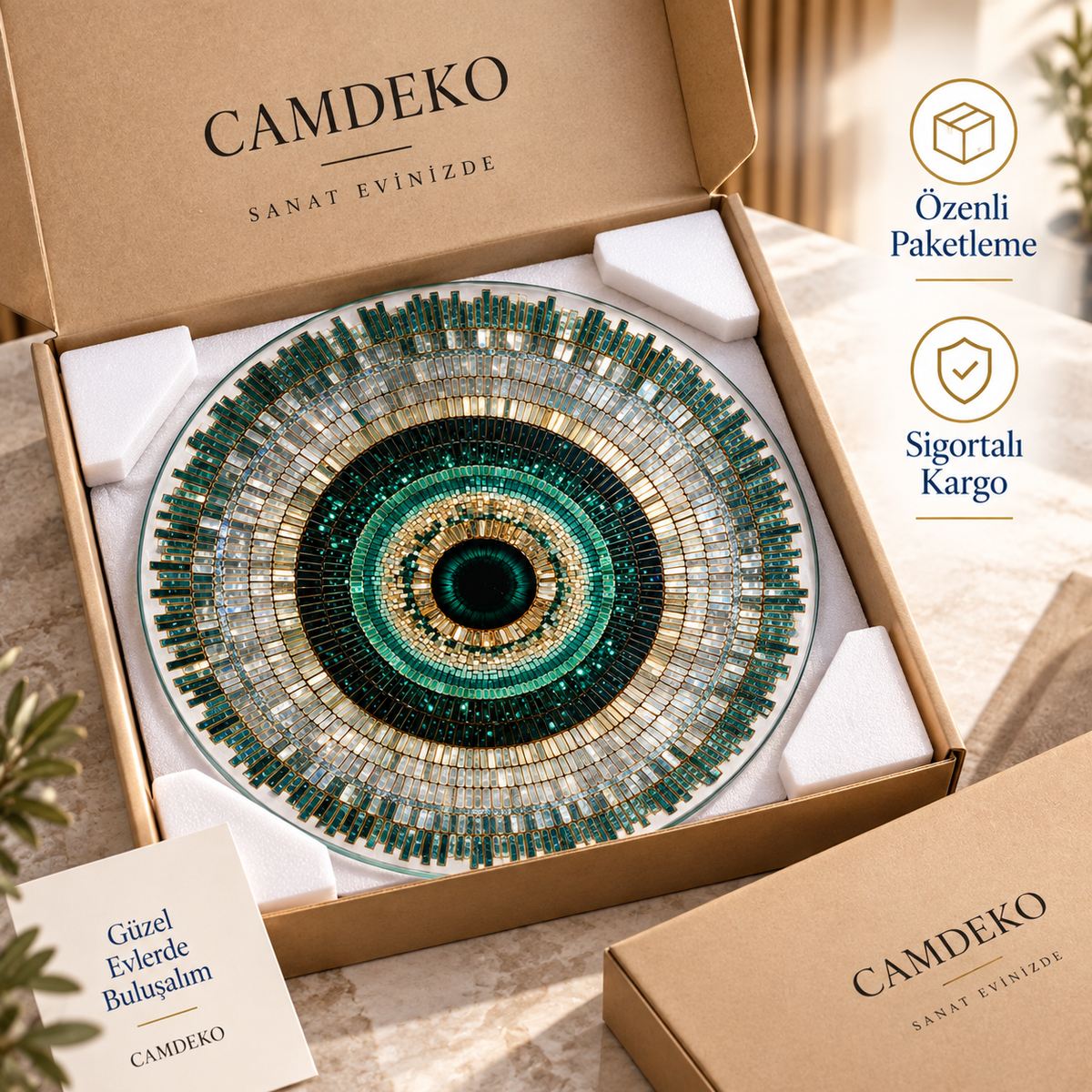 Zümrüt mozaik göz yuvarlak cam tablo CAMDEKO özenli paketleme sigortalı kargo