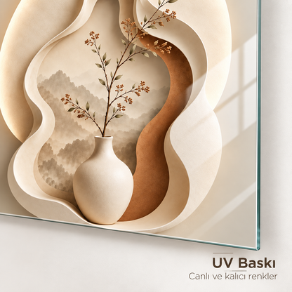 Bej soyut vazo ve dallar kare cam tablo UV baskı yakın planı, krem ve kahverengi katman etkili desen detayları