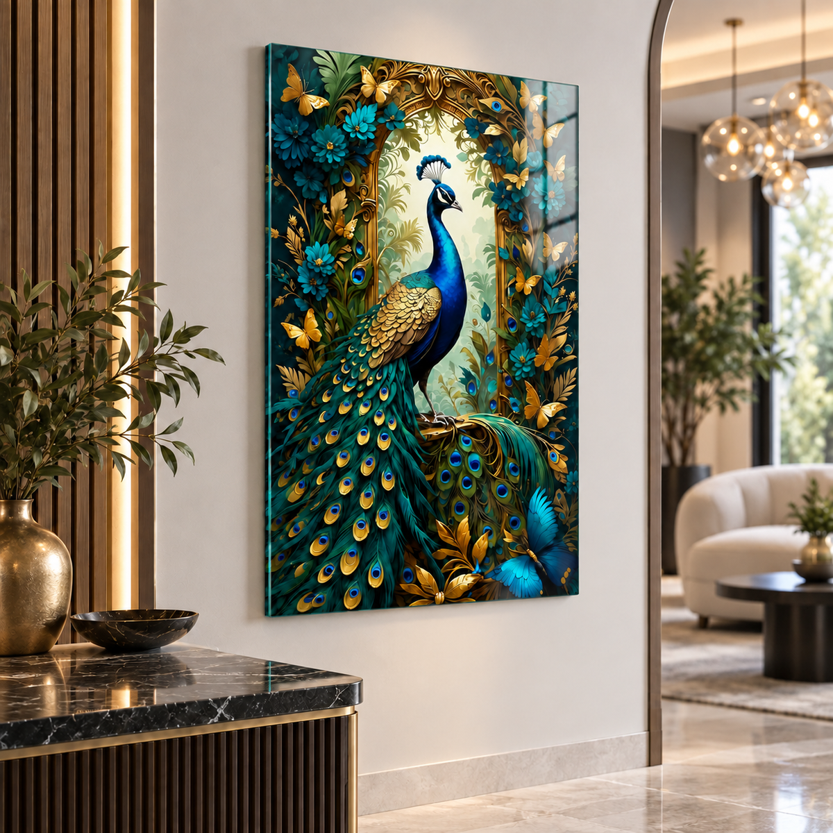Turkuaz gold çiçekli tavus kuşu dikey cam tablo, ahşap ve gold detaylı modern antrede