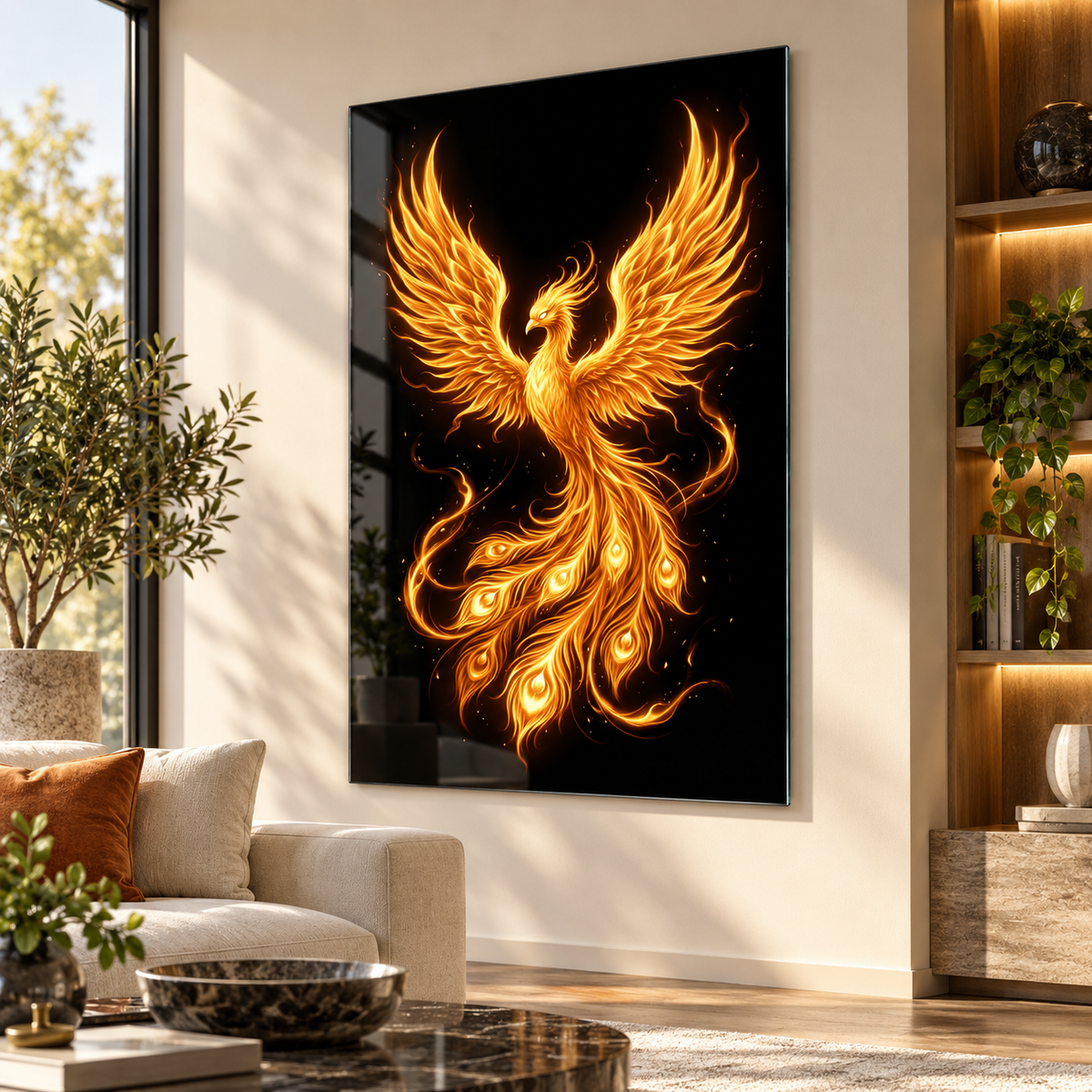 Altın Anka kuşu dikey cam tablo premium salon duvar uygulaması