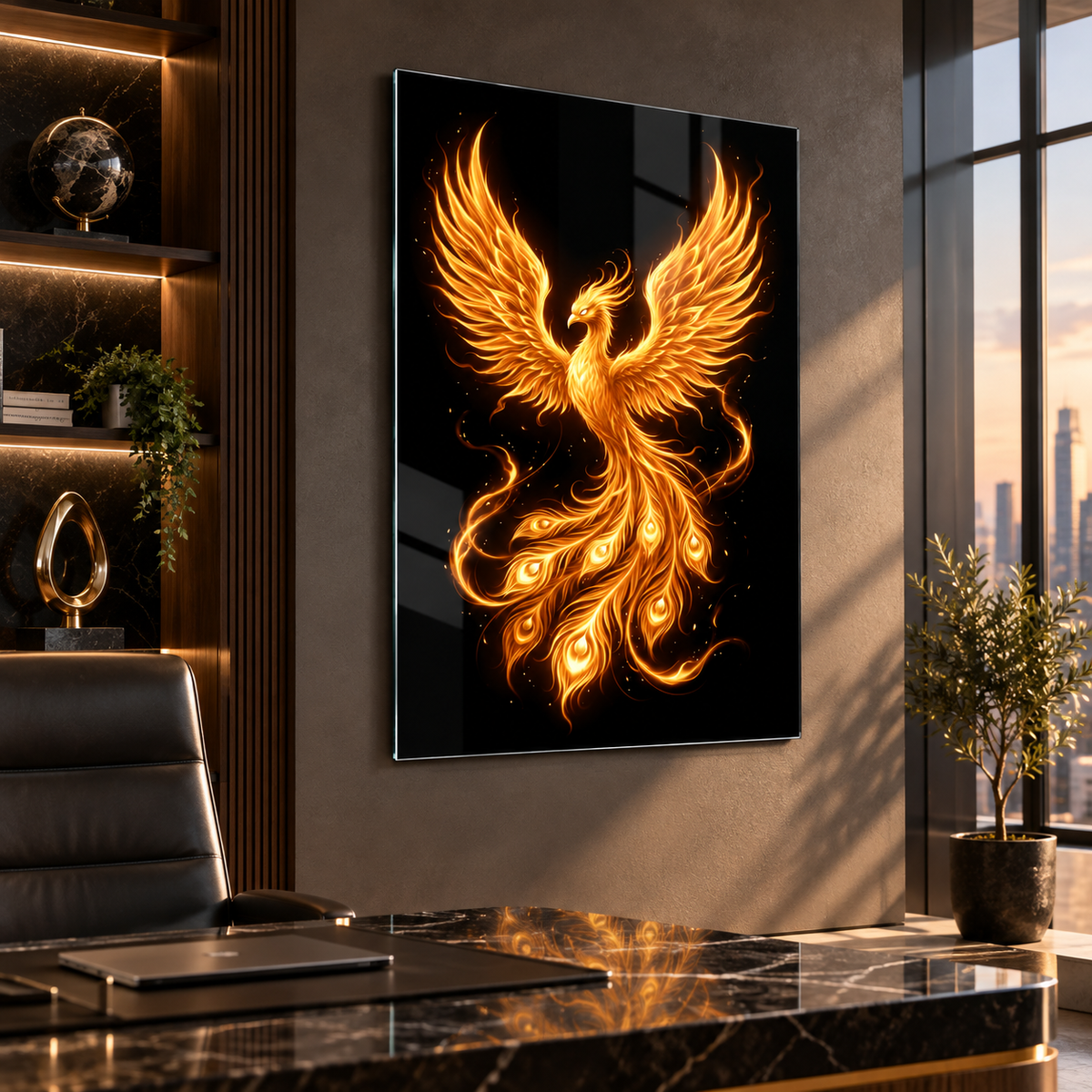 Altın Anka kuşu dikey cam tablo premium yönetici ofisi duvar uygulaması