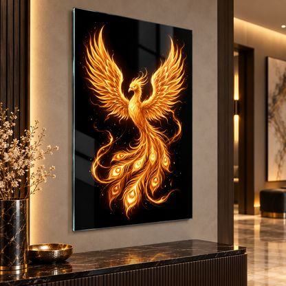 Altın Anka kuşu dikey cam tablo premium antre duvar uygulaması