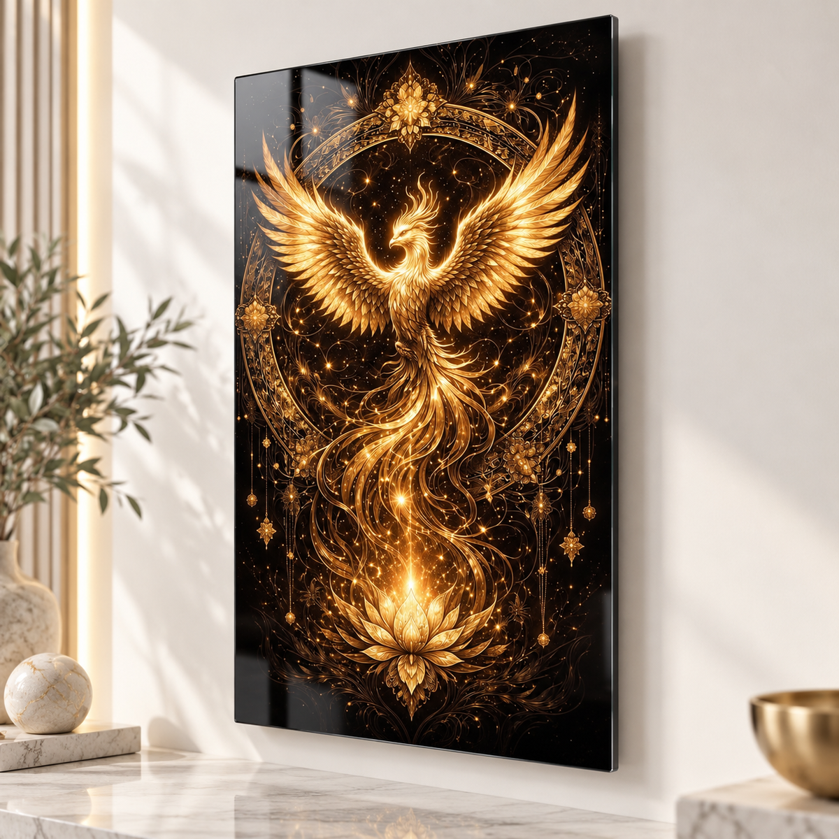 Altın Anka kuşu ve lotus desenli dikey cam tablo beyaz zeminde vitrin görünümü