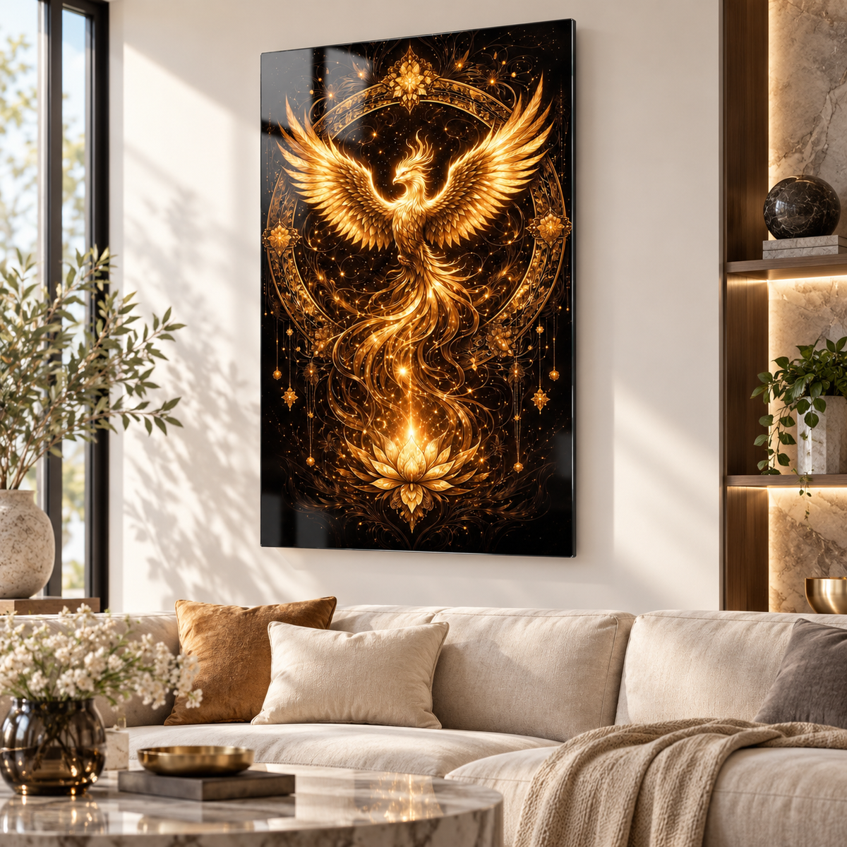 Altın Anka kuşu ve lotus desenli dikey cam tablo premium salon duvar uygulaması
