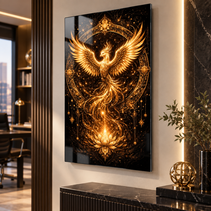 Altın Anka kuşu ve lotus desenli dikey cam tablo premium koridor duvar uygulaması