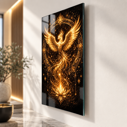 Altın Anka kuşu ve lotus desenli dikey cam tablonun yüzer duvar görünümü