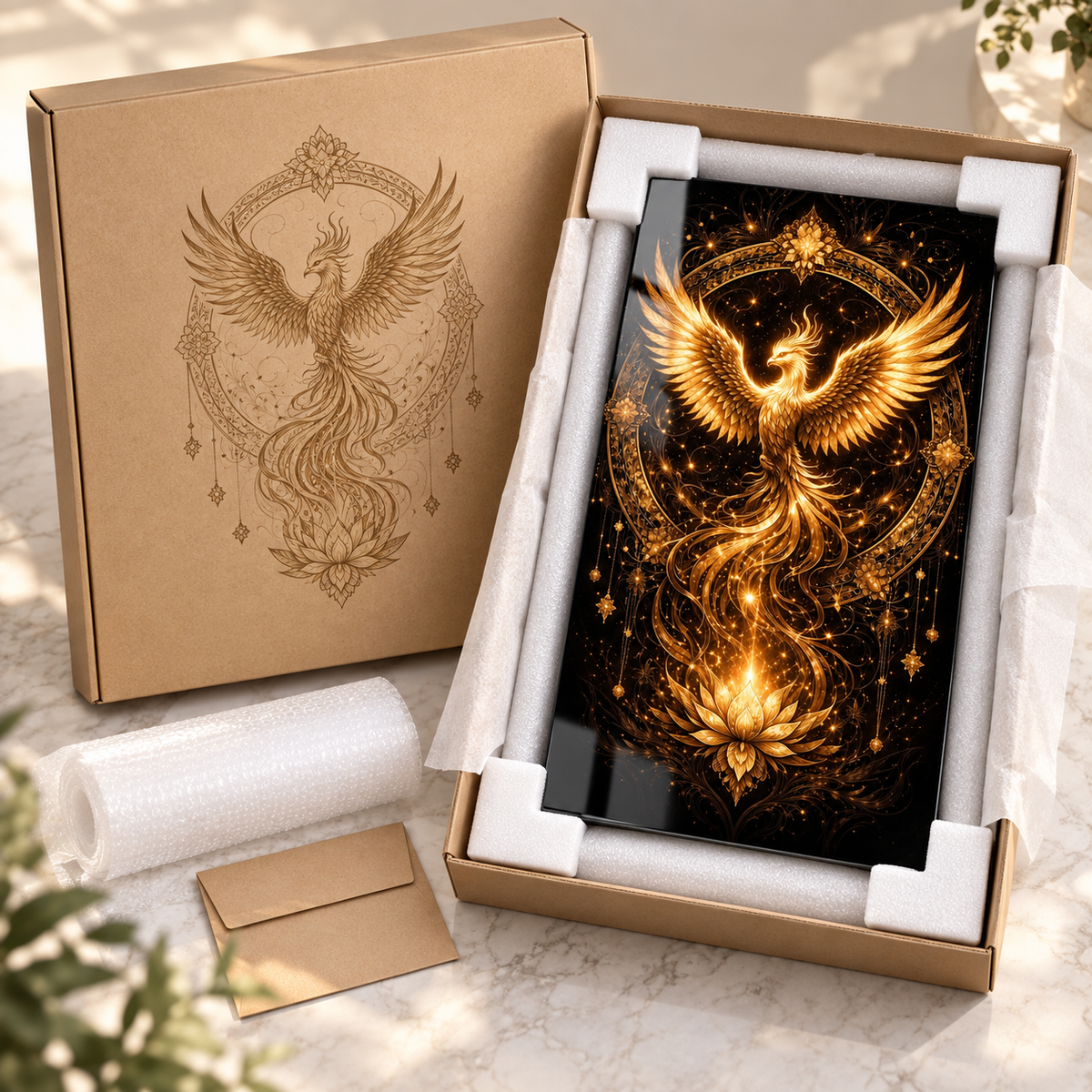 Altın Anka kuşu ve lotus desenli dikey cam tablo koruyucu köşe destekleri ve kraft kutu ile paketleme