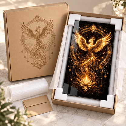 Altın Anka kuşu ve lotus desenli dikey cam tablo koruyucu köşe destekleri ve kraft kutu ile paketleme