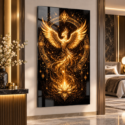 Altın Anka kuşu ve lotus desenli dikey cam tablo farklı premium iç mekân uygulaması