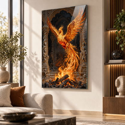 Alevler içinde Anka kuşu dikey cam tablo premium salon duvar uygulaması