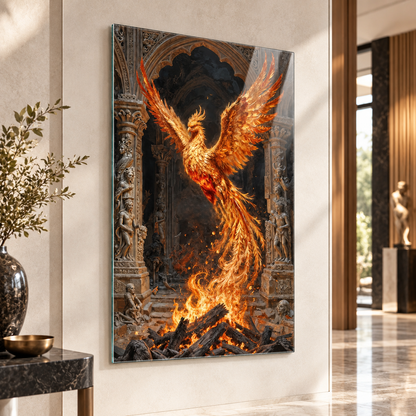 Alevler içinde Anka kuşu dikey cam tablo farklı premium iç mekân uygulaması