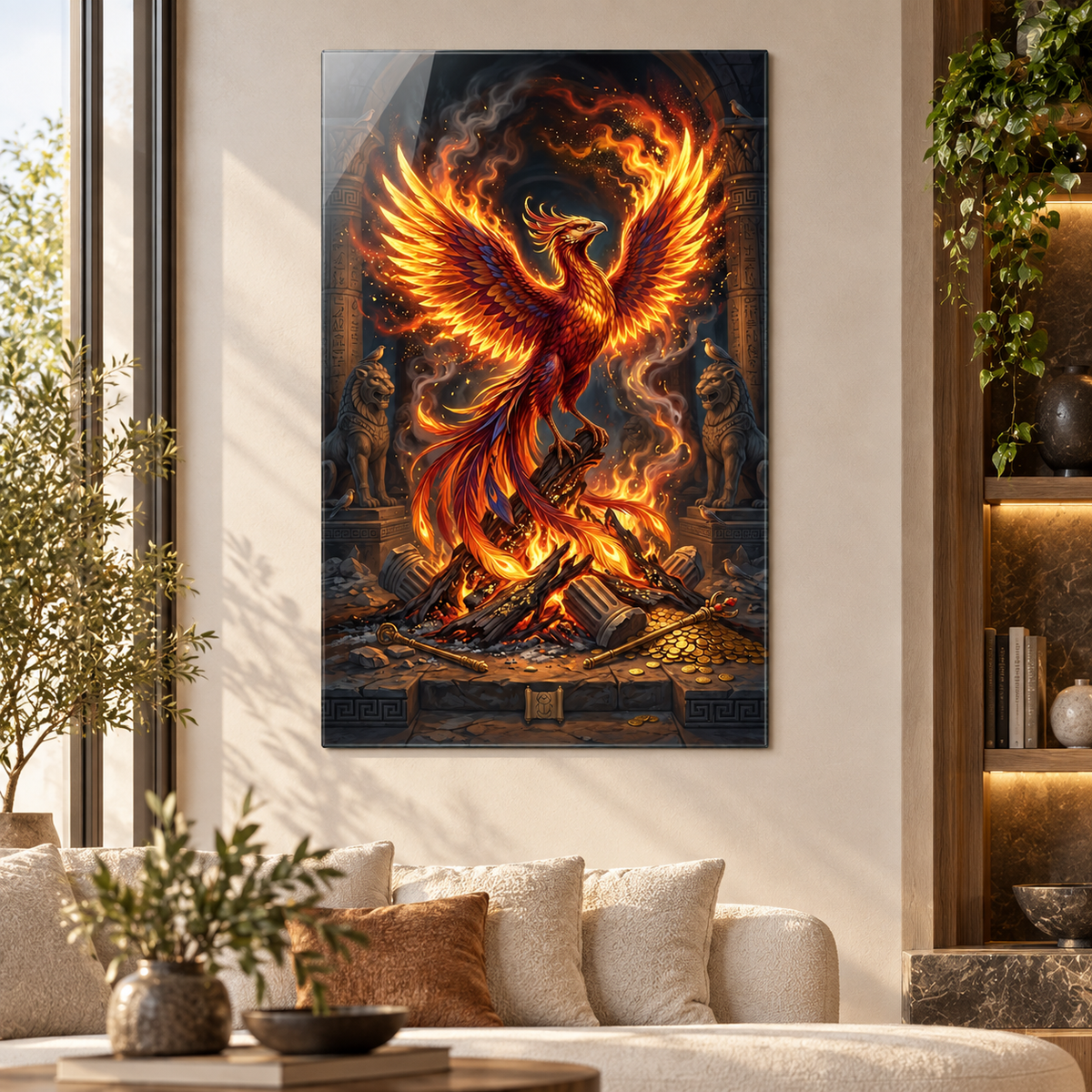 Alevler içindeki Anka kuşu dikey cam tablo premium salon duvar uygulaması