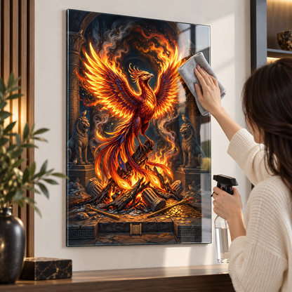 Alevler içinde Anka kuşu dikey cam tablonun mikrofiber bez ve cam temizleyici ile temizliği