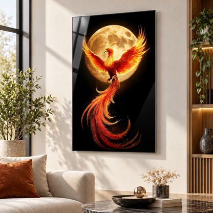 Altın ay önünde ateş Anka kuşu dikey cam tablo premium salon duvar uygulaması