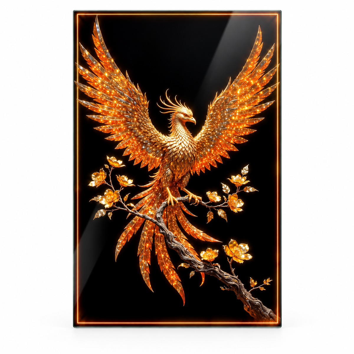 Işıltılı gold Anka kuşu ve çiçekler dikey cam tablo beyaz zeminde vitrin görünümü