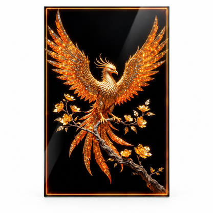 Işıltılı gold Anka kuşu ve çiçekler dikey cam tablo beyaz zeminde vitrin görünümü