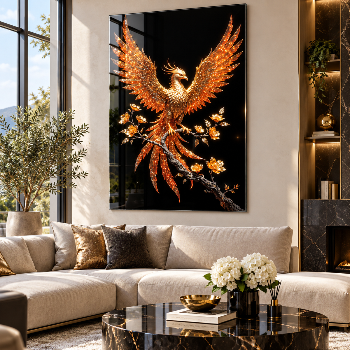 Işıltılı gold Anka kuşu ve çiçekler dikey cam tablo premium salon duvar uygulaması