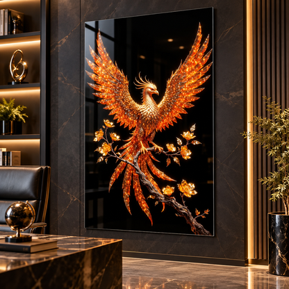 Işıltılı gold Anka kuşu ve çiçekler dikey cam tablo premium ofis duvar uygulaması
