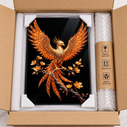Işıltılı gold Anka kuşu dikey cam tablo koruyucu köşe destekleri ve kraft kutu ile paketleme
