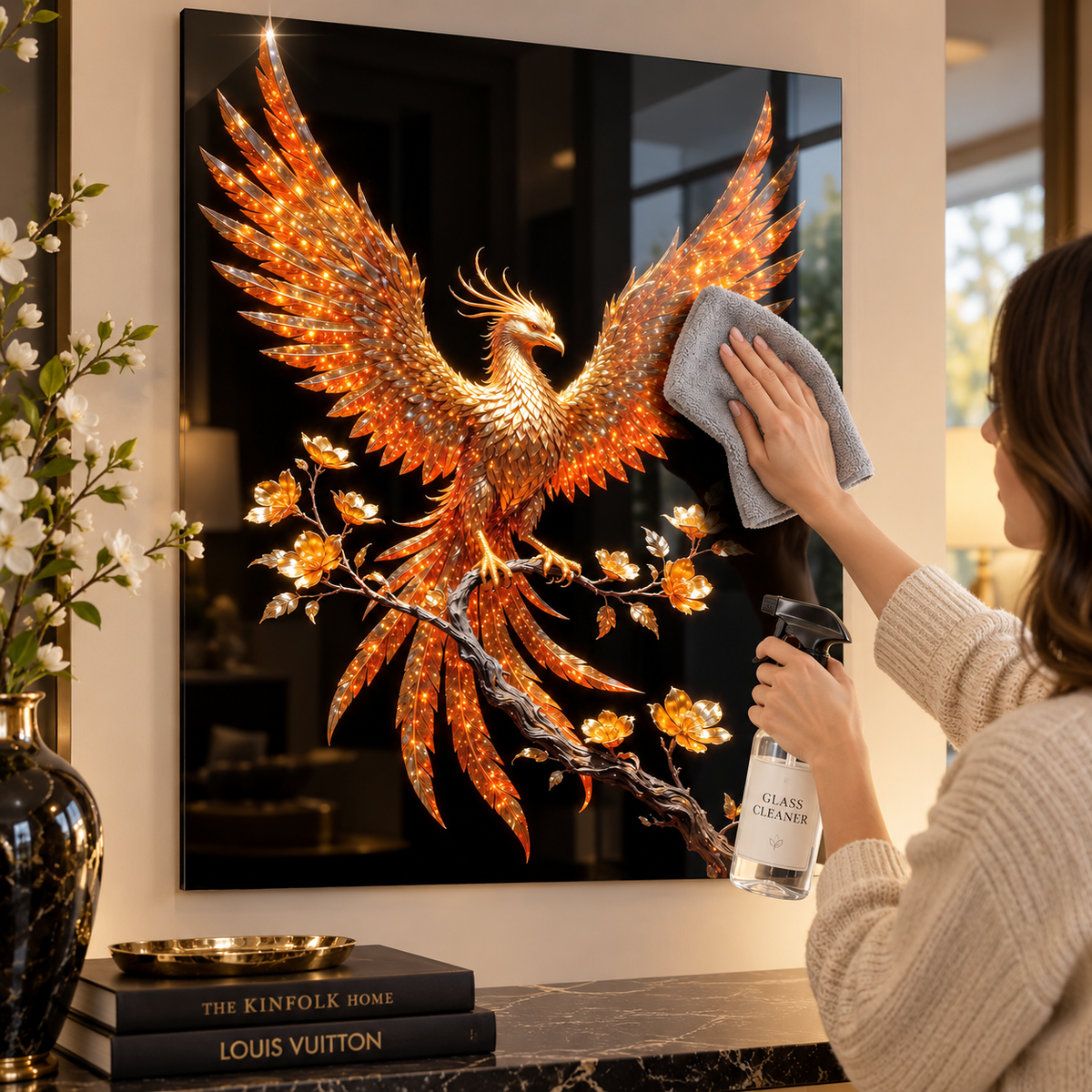 Işıltılı gold Anka kuşu dikey cam tablonun mikrofiber bez ve cam temizleyici ile temizliği