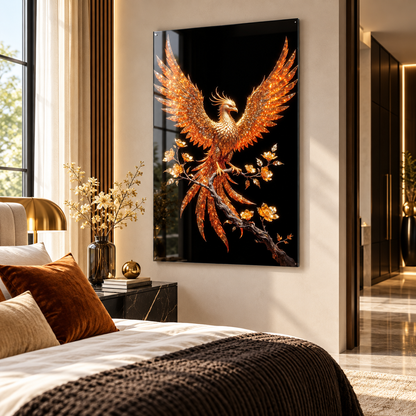Işıltılı gold Anka kuşu ve çiçekler dikey cam tablo premium yatak odası duvar uygulaması