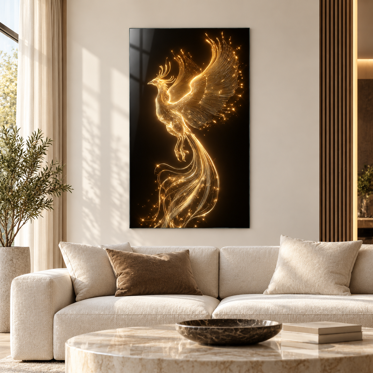 Altın ışık çizgili Anka kuşu dikey cam tablo premium salon duvar uygulaması