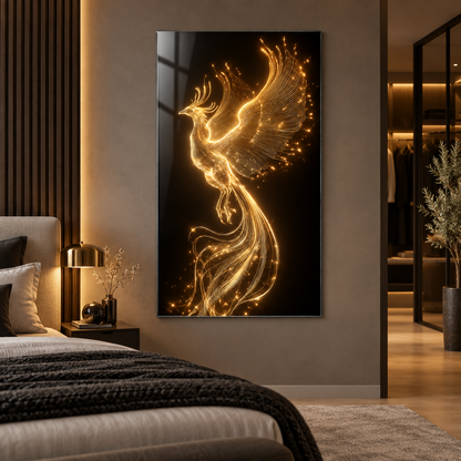 Altın ışık çizgili Anka kuşu dikey cam tablo premium yatak odası duvar uygulaması