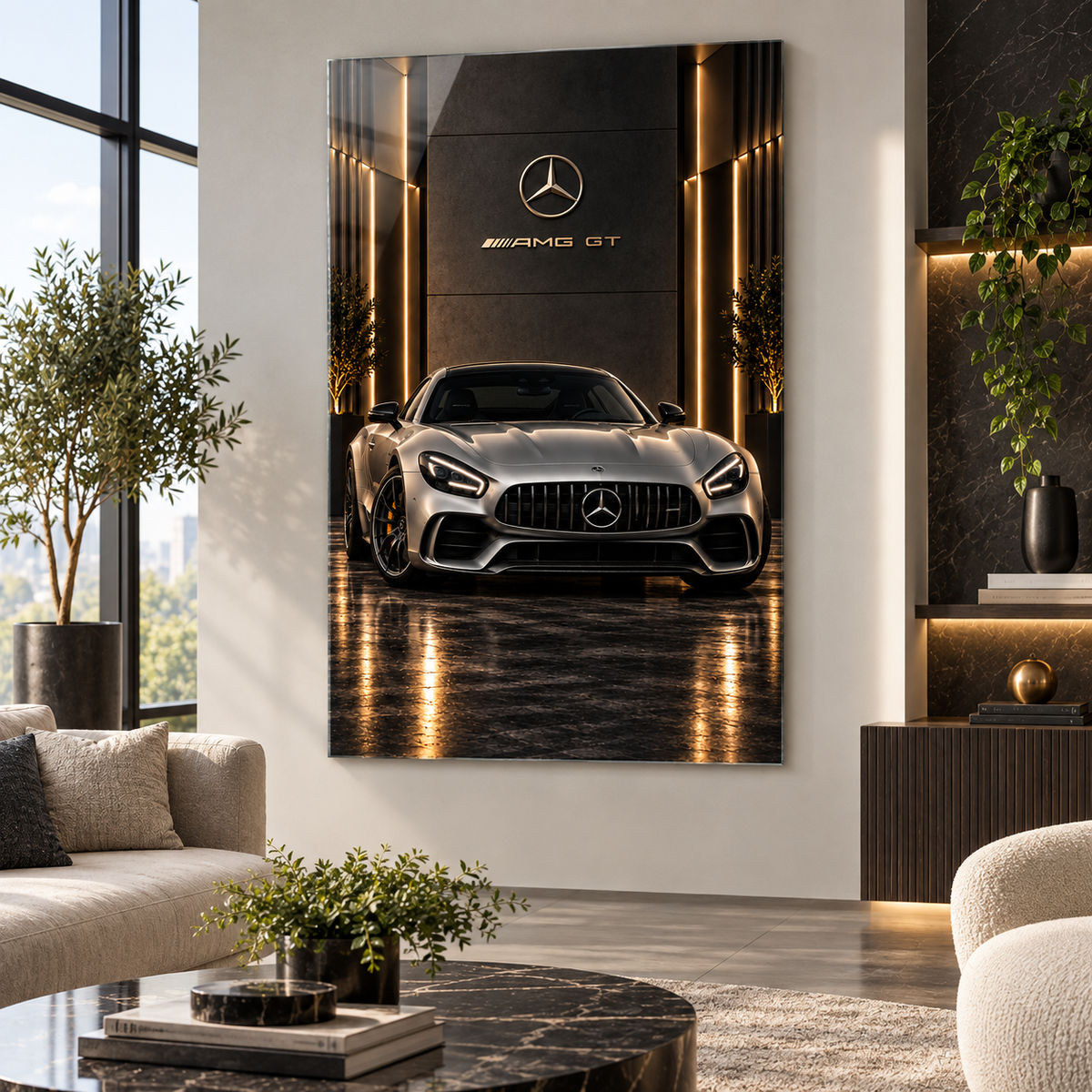 Mercedes AMG GT dikey cam tablo premium salon duvar uygulaması