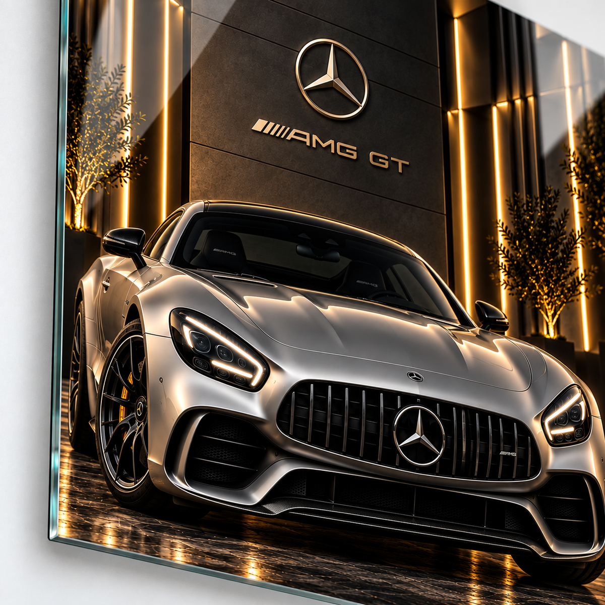 Mercedes AMG GT dikey cam tablonun UV baskı ve araç detayları