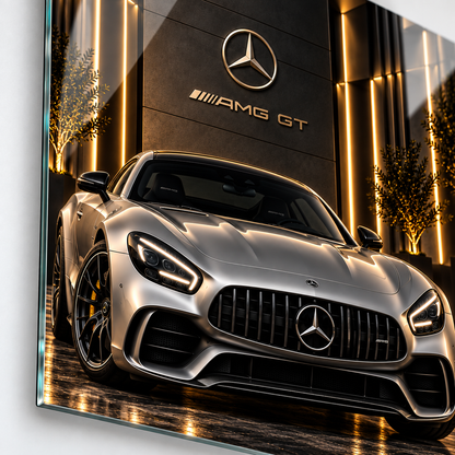 Mercedes AMG GT dikey cam tablonun UV baskı ve araç detayları