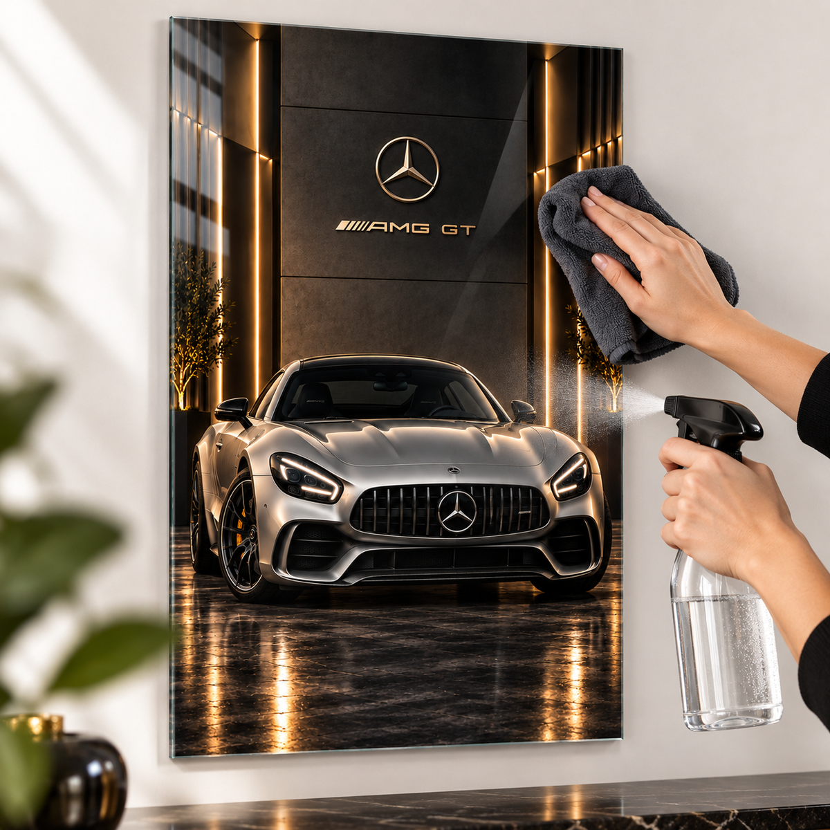 Mercedes AMG GT dikey cam tablonun mikrofiber bez ve cam temizleyici ile temizliği