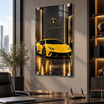 Sarı Lamborghini Huracan dikey cam tablo premium ofis görünümü