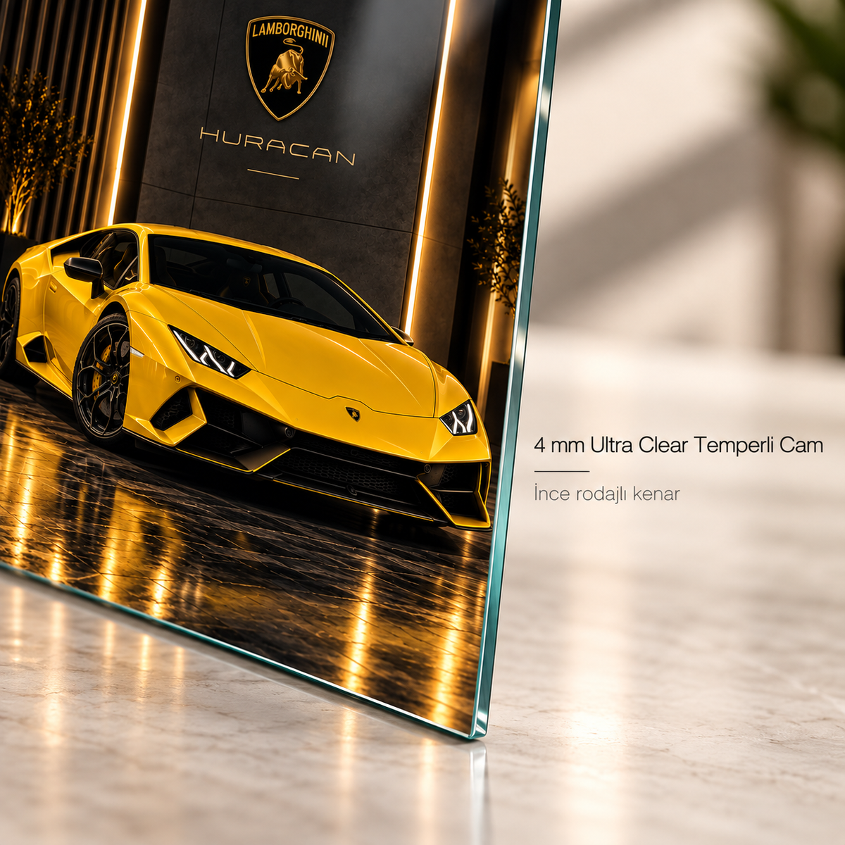 Sarı Lamborghini Huracan dikey cam tablonun 4 mm Ultra Clear rodajlı ince kenar detayı