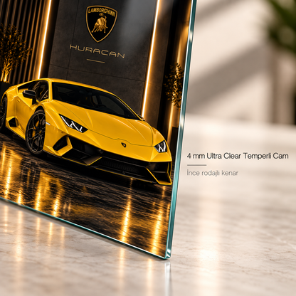 Sarı Lamborghini Huracan dikey cam tablonun 4 mm Ultra Clear rodajlı ince kenar detayı