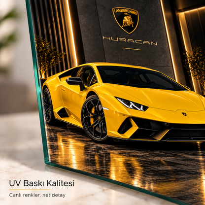 Sarı Lamborghini Huracan dikey cam tablonun UV baskı kalite detayı