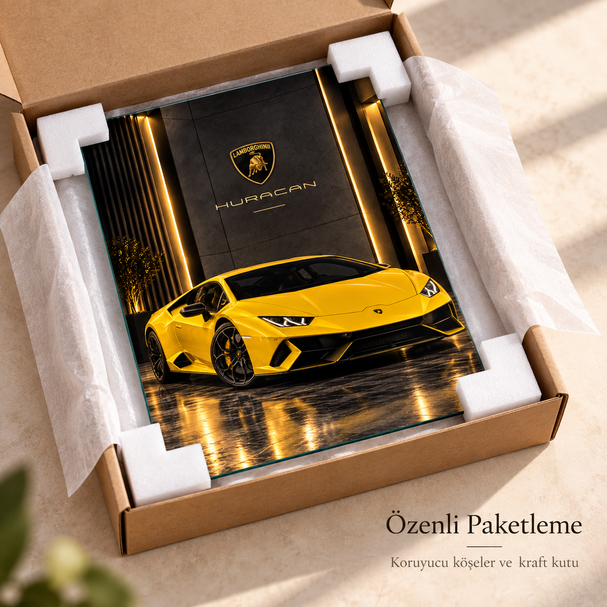 Sarı Lamborghini Huracan dikey cam tablo koruyucu köşeler ve kraft kutu ile paketleme