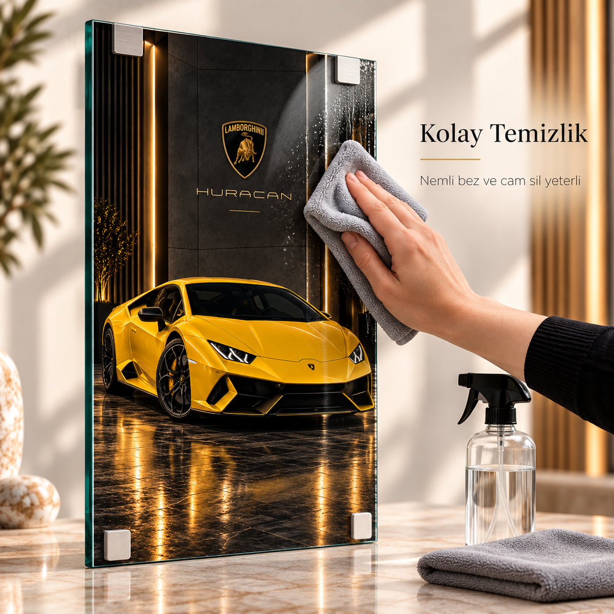 Sarı Lamborghini Huracan dikey cam tablonun mikrofiber bez ve cam sil ile temizliği