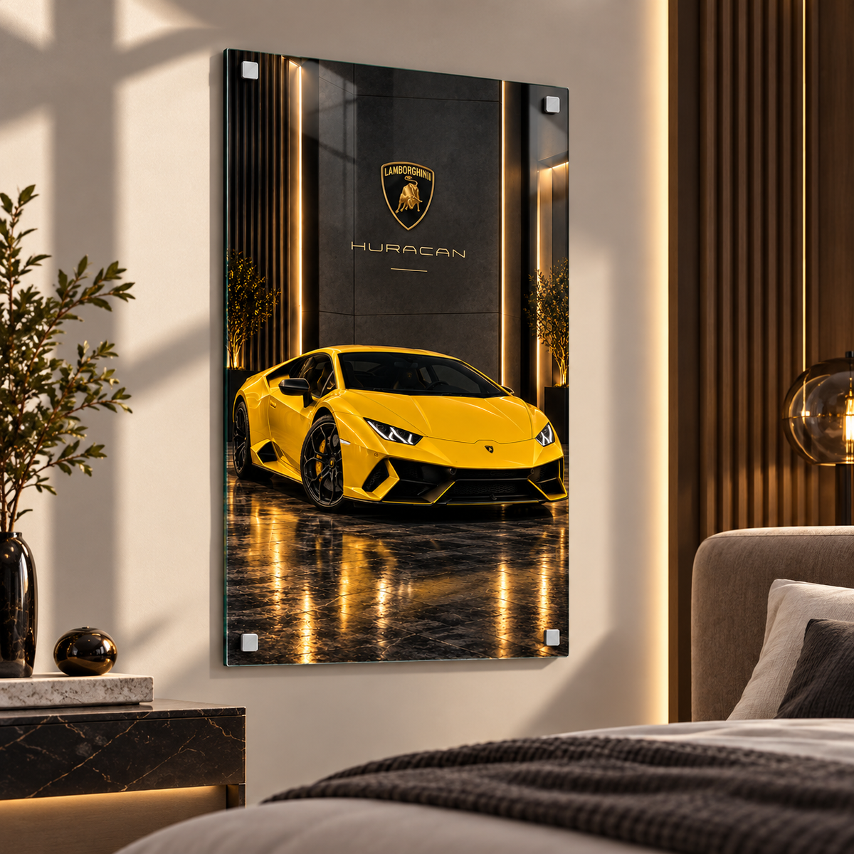 Sarı Lamborghini Huracan dikey cam tablo alternatif premium mekân görünümü