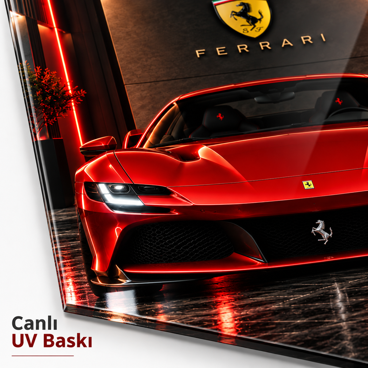 Kırmızı Ferrari dikey cam tablonun UV baskı ve araç detayları