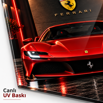 Kırmızı Ferrari dikey cam tablonun UV baskı ve araç detayları