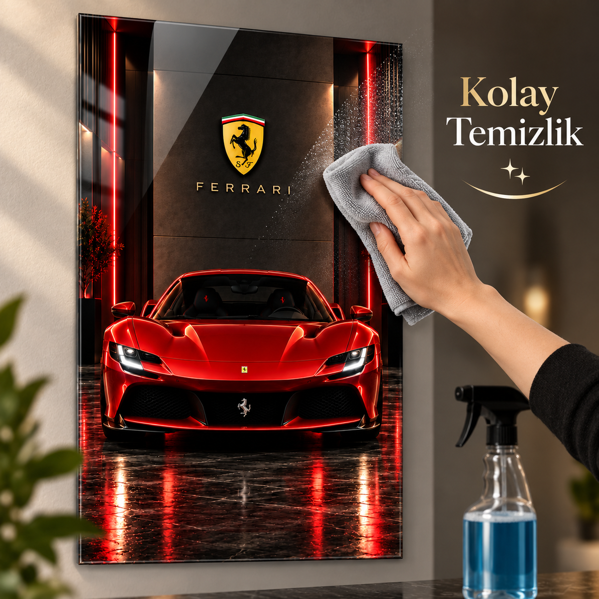 Kırmızı Ferrari dikey cam tablonun mikrofiber bez ve cam temizleyici ile temizliği