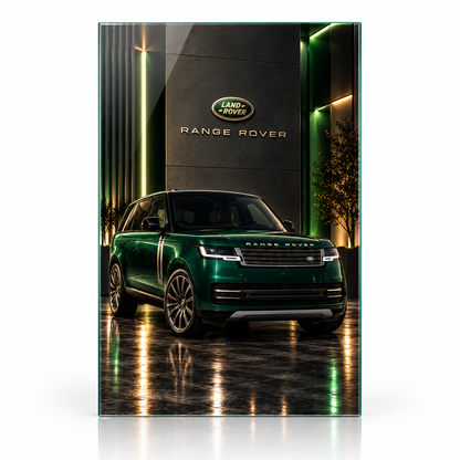Yeşil Range Rover dikey cam tablo beyaz zeminde vitrin görünümü