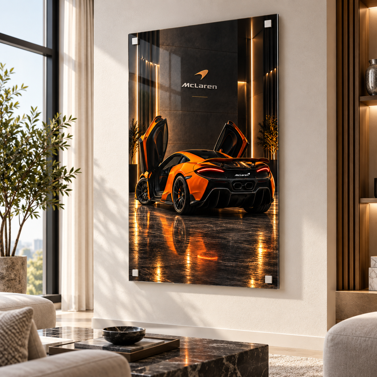Turuncu McLaren dikey cam tablo premium salon duvar uygulaması