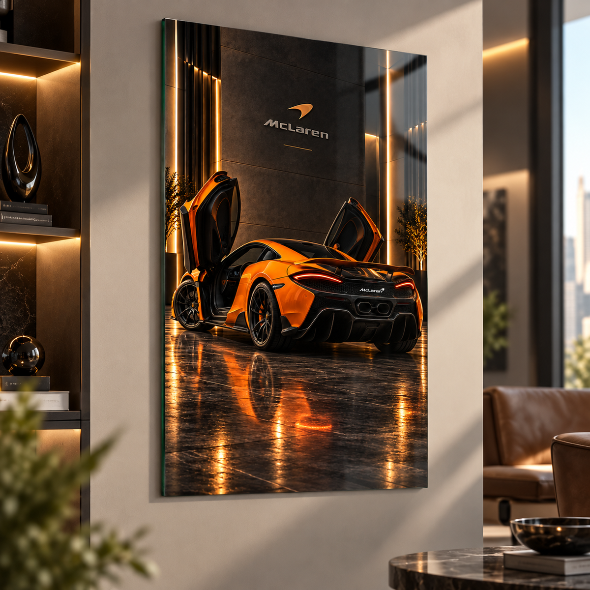 Turuncu McLaren dikey cam tablo premium iç mekân uygulaması