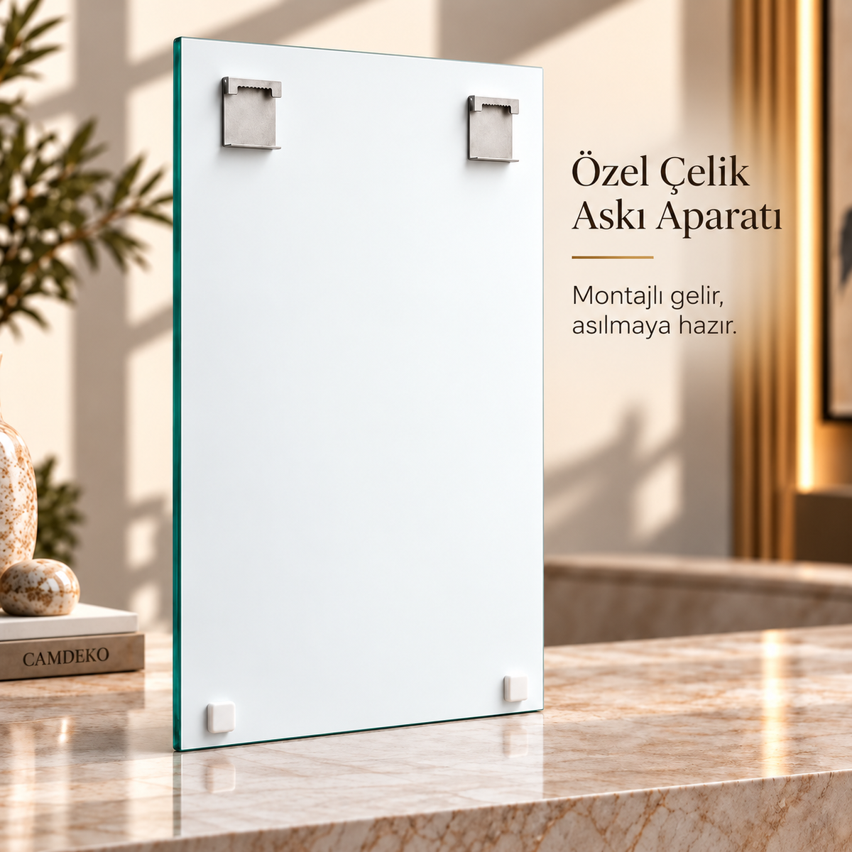CAMDEKO dikey cam tablo beyaz arka yüz, üst sağ ve solda iki montajlı özel çelik askı aparatı ve altta iki beyaz tampon