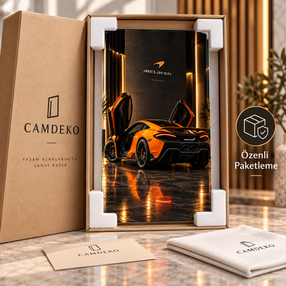Turuncu McLaren dikey cam tablo koruyucu köşe destekleri ve kraft kutu ile paketleme